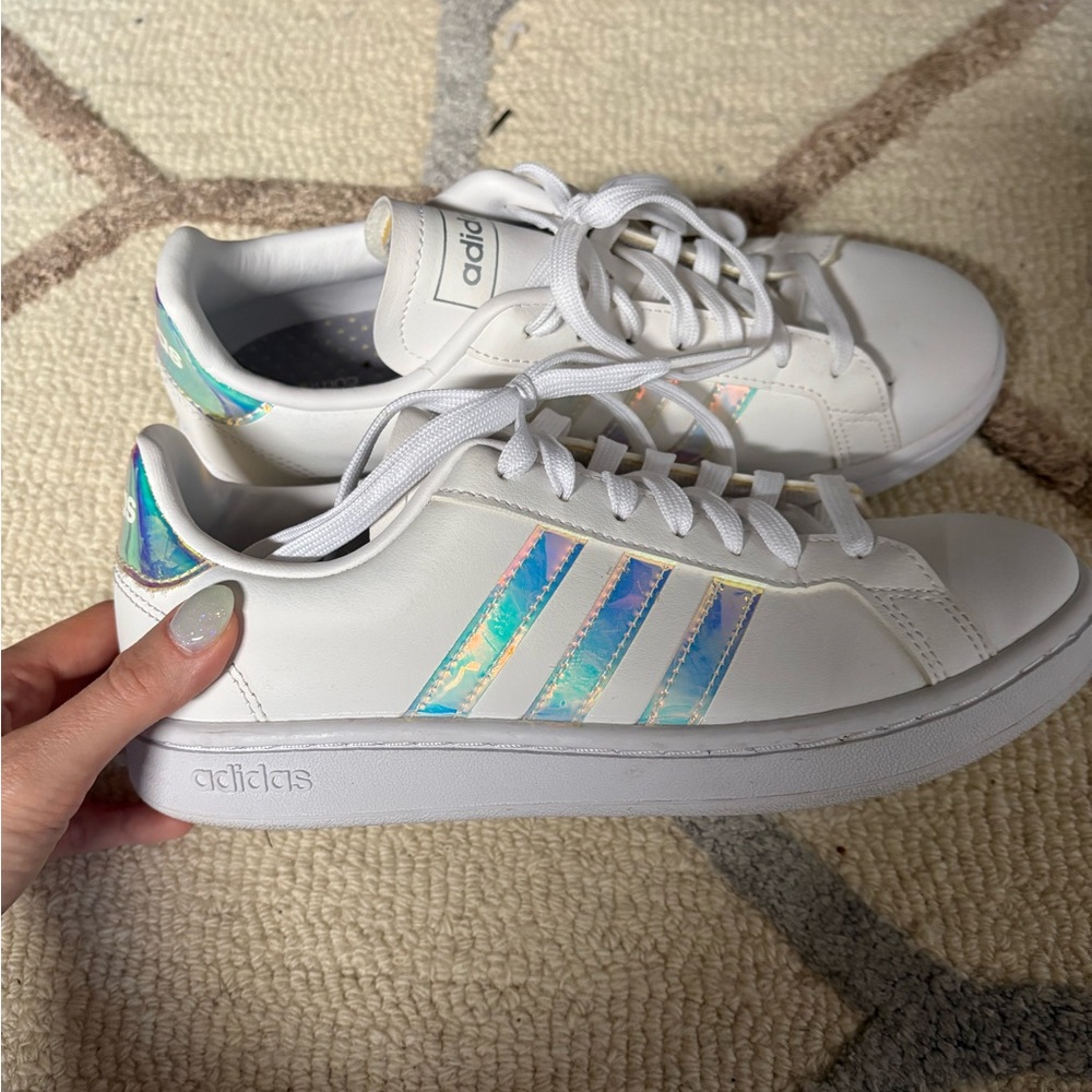 Adidas White Sneakers with Holographic Stripes
